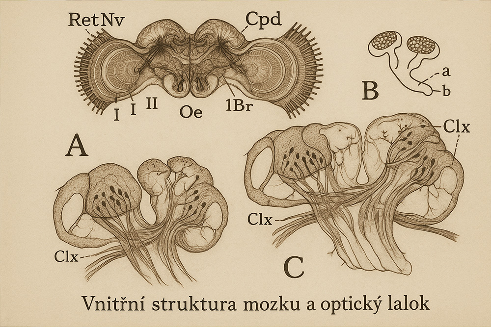 Rycina przedstawiająca wewnętrzną budowę mózgu pszczoły i płatów wzrokowych w kilku ujęciach, z oznaczeniami części anatomicznych.