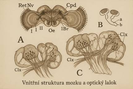 Rycina przedstawiająca wewnętrzną budowę mózgu pszczoły i płatów wzrokowych w kilku ujęciach, z oznaczeniami części anatomicznych.
