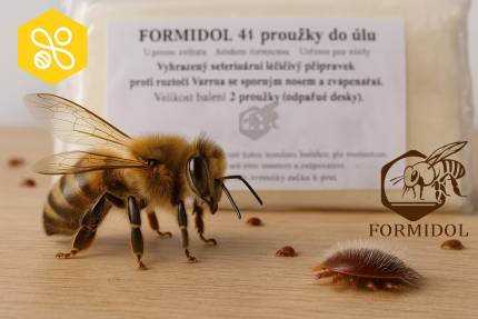 Zbliżenie pszczoły i roztocza Varroa na tle ulotki pasków Formidol 41 g do ula.