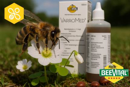 Opakowanie VarroMedu i butelka z zakraplaczem, obok zbliżenie skrzydła pszczoły.