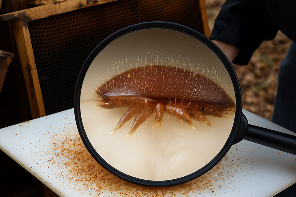 Roztocz Varroa destructor widoczny pod lupą podczas kontroli osypu w ulu