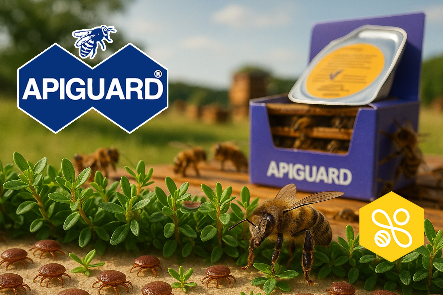 Opakowanie Apiguard z tacką żelu tymolowego na tle pasieki; obok pszczoła i roztocza Varroa na ziemi.