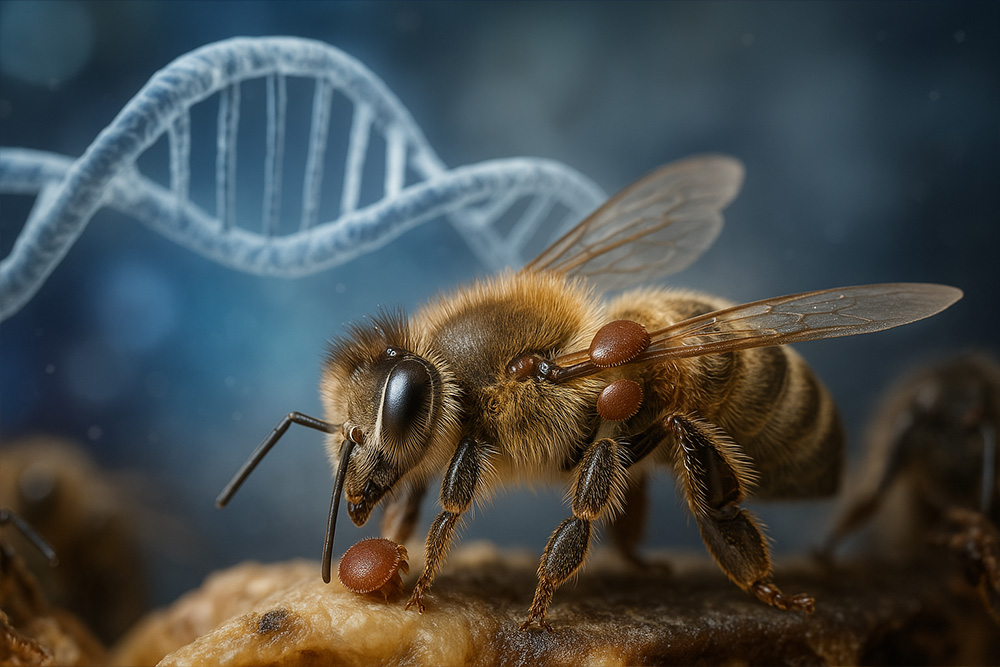 Pszczoła miodna z roztoczami Varroa na ciele, na tle modelu podwójnej helisy DNA.