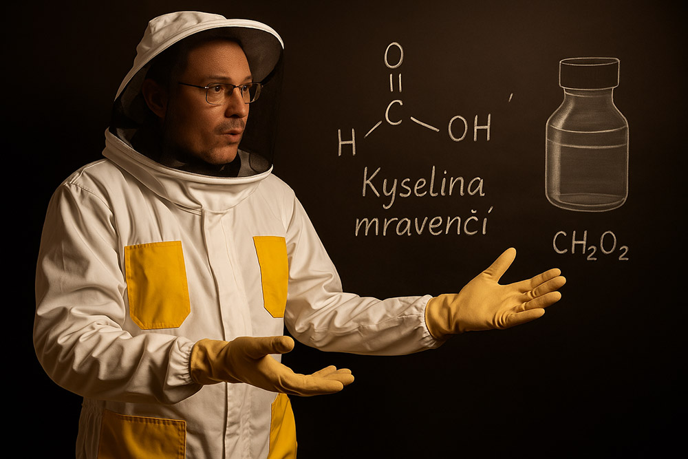 Pszczelarz w białym kombinezonie ochronnym i żółtych rękawicach wskazuje wzór kwasu mrówkowego oraz szkic butelki na tablicy.