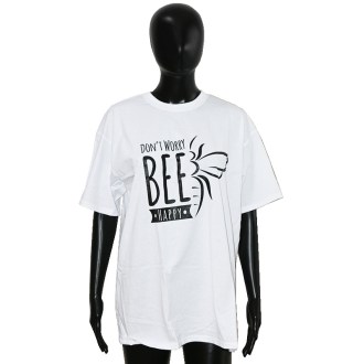 Koszulka bawełniana z nadrukiem Bee Happy - biała